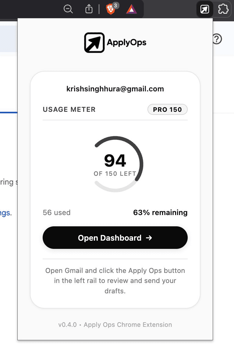 The Apply Ops extension popup showing a usage meter with 94 of 150 credits left and an Open Dashboard button.