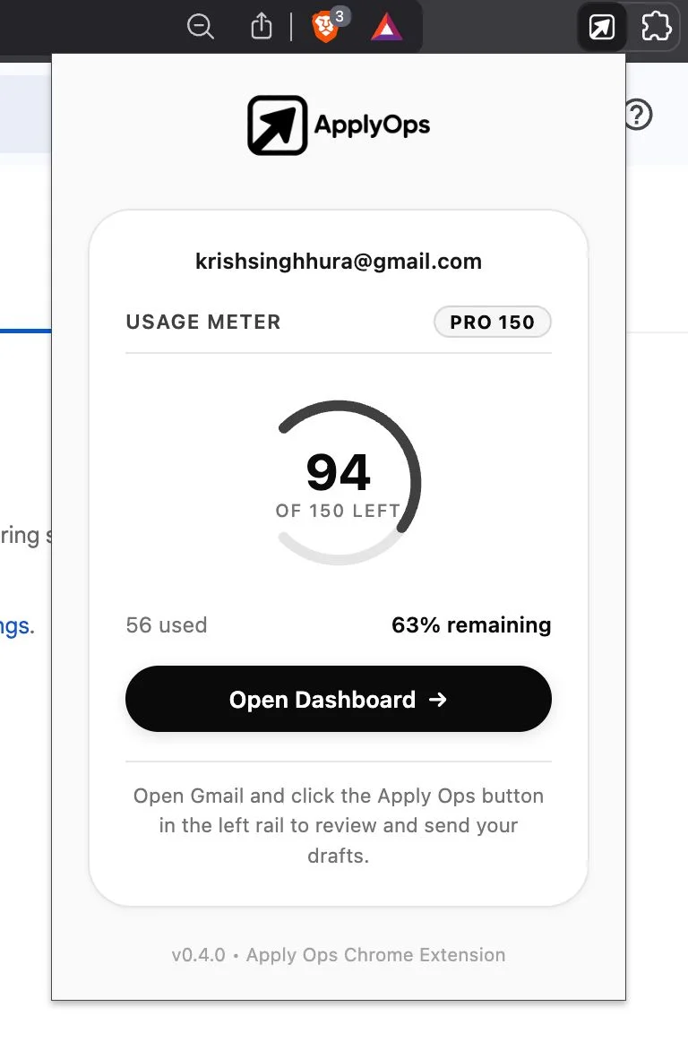 The Apply Ops extension popup showing a usage meter with 94 of 150 credits left and an Open Dashboard button.
